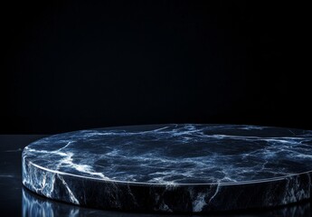 Elegant dark marble podium with white veins against a dark backdrop for product display.
