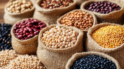 Assorted different types of beans and cereals grains. Set of indispensable sources of protein for a healthy lifestyle. Quality food. Healthy eating concept.