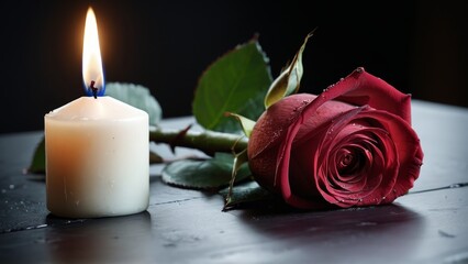 Red rose with candle on dark background symbolizing love and remembrance.