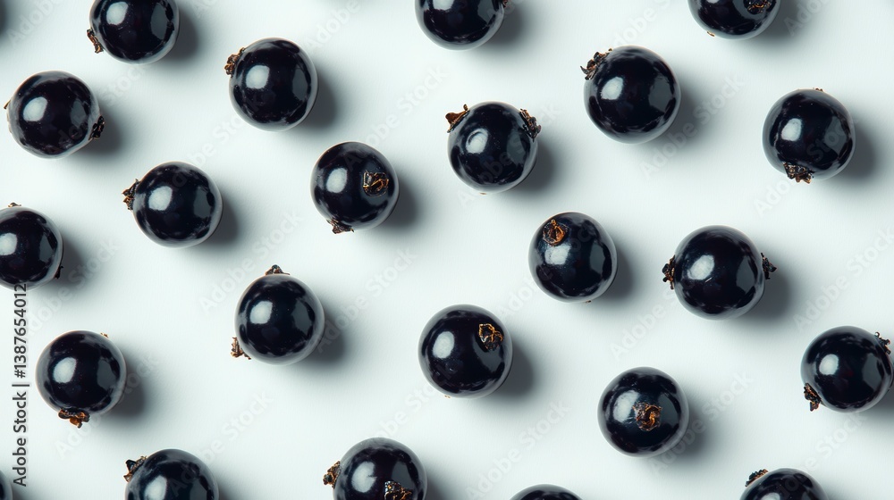 Poster Flat lay of fresh blackcurrants arranged in a repeating pattern on a white background.