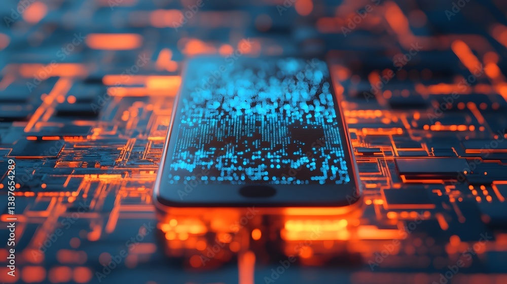 Poster cybernetic mobile device with floating digital holograms, futuristic technology concept