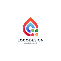 water and fire with leaves for water ventilation, plumbing, plumbing and hvac repair service logos
