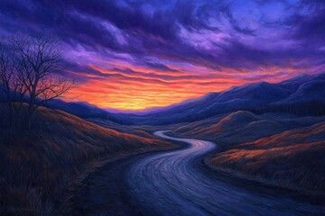 Winding road sunset, mountain valley landscape