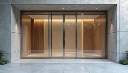 Modern interior features automatic sliding glass door with stainless steel frame. Entrance tempered glass panels, lightweight design. Clean environment, minimalistic architecture. Contemporary home,
