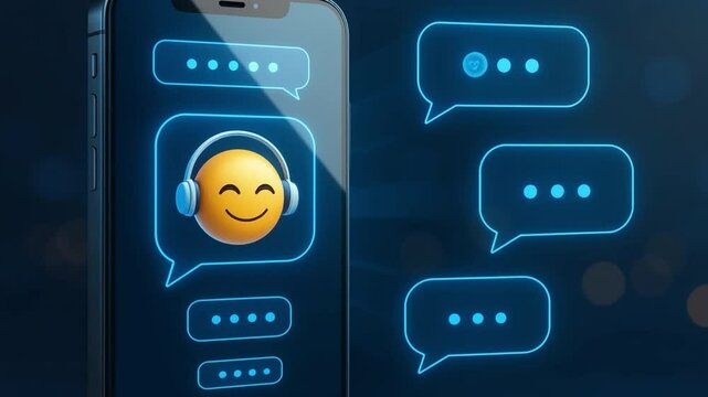 Digital Assistance: A smartphone interface with a friendly emoji icon symbolizes advanced digital customer service.  Showcasing tech innovations and instant customer support.