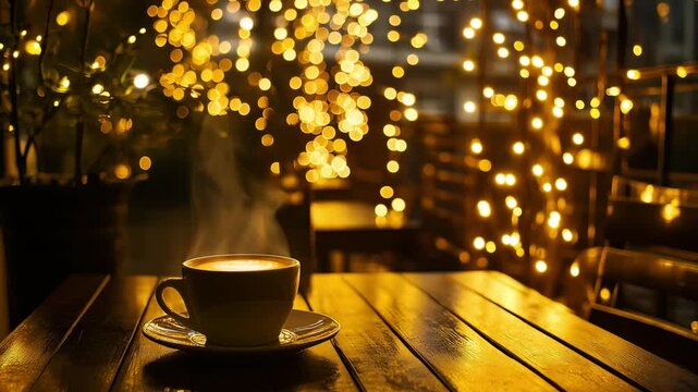 Charming coffee shop with a steaming cup placed on a rustic wooden table. Warm lights create a cozy vibe perfect for relaxation
