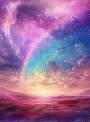 Dreamy landscape with a vibrant rainbow arching through a starry sky over a field of purple flowers. Magical, ethereal, and serene.
