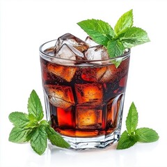 Refreshing Brown Carbonated Drink with Ice and Mint