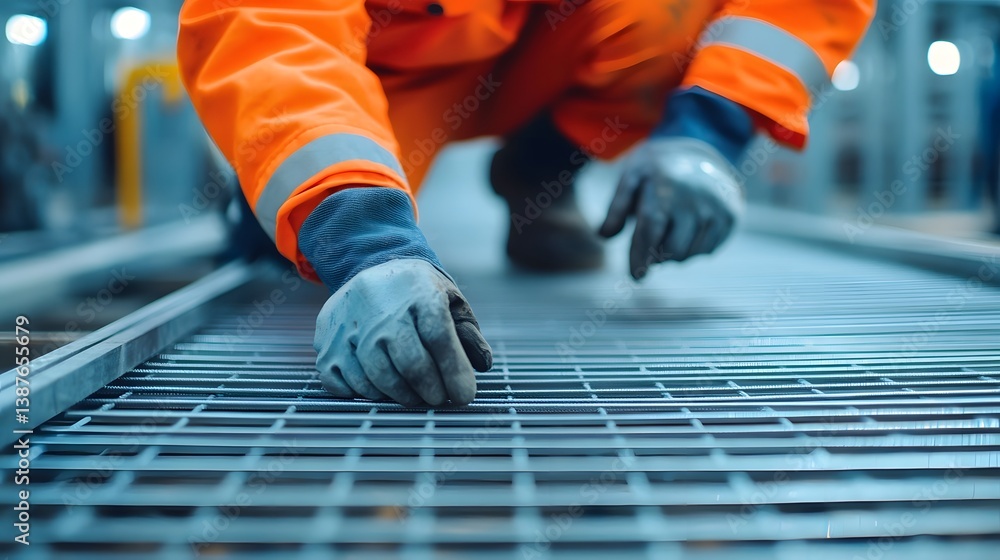 Poster skilled construction worker securing metal framework for building project