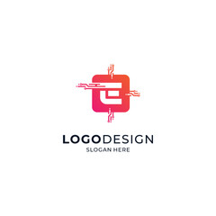 the letter E with a colorful and shiny microchip frame for logos of sophisticated technology, applications, software or hardware