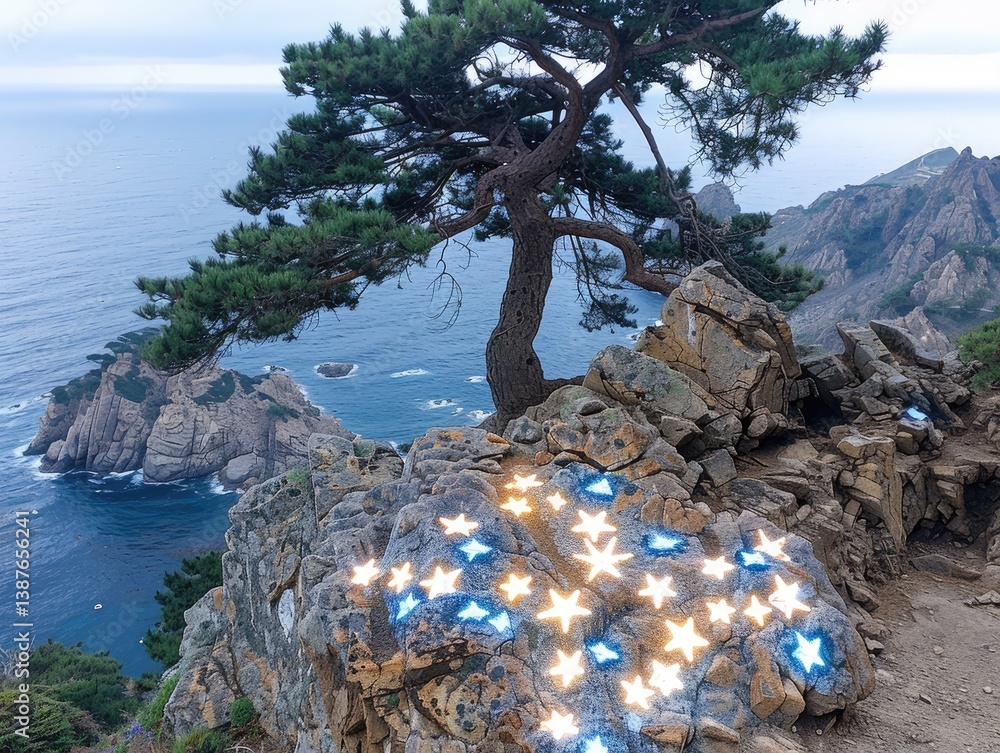 Poster and keyword list based on your request.. stars glow on rocks, a pine tree perched on a cliff overloo