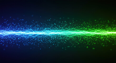 Background with glowing light blue and green lines, particles of data flowing in the air.