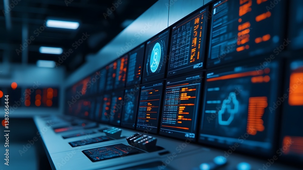 Poster futuristic digital factory interfaces overlaying machinery and production automation