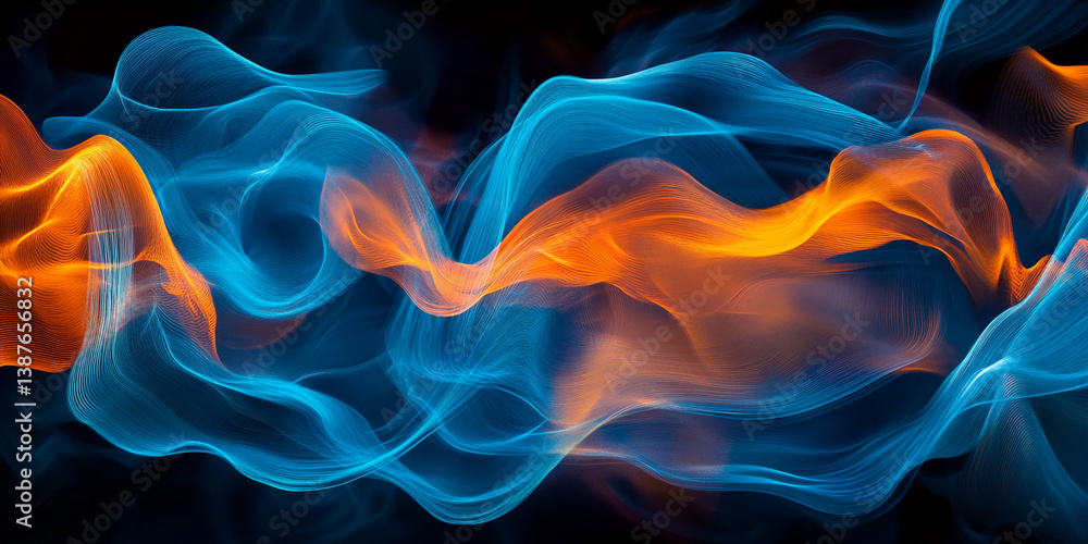 Aufkleber Abstract image of flowing blue and orange lines on a black background, creating a dynamic and energetic visual, showcasing movement and contrast, ideal for modern designs