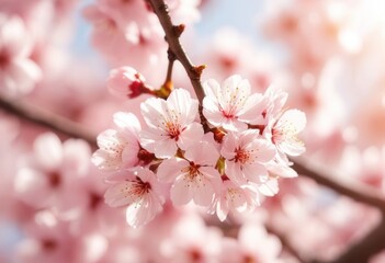 Blossoming pink cherry blossoms on a tree branch in springtime
