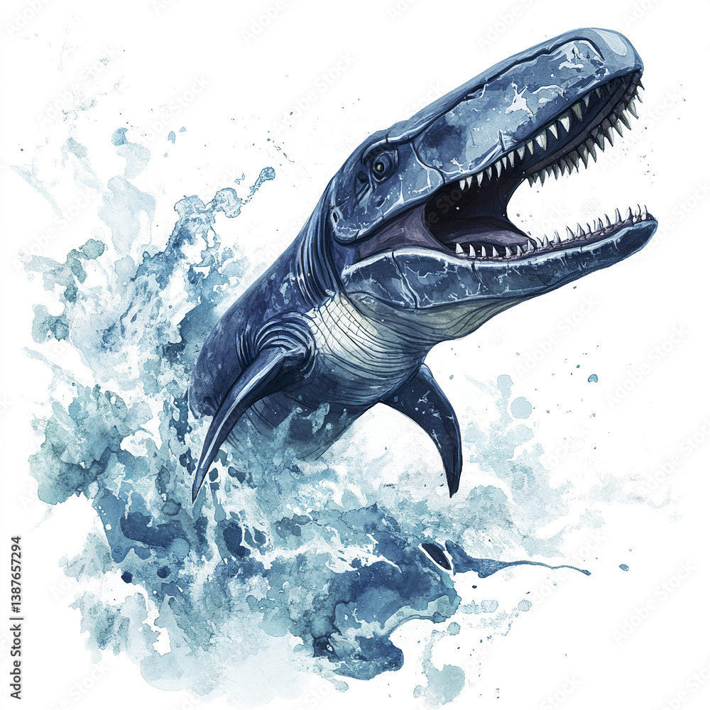 Poster mosasaurus leaping from water with dynamic splash effect