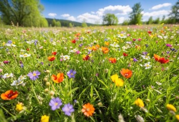 Fototapeta premium Vibrant wildflower meadow on a sunny day with blue sky and green hills