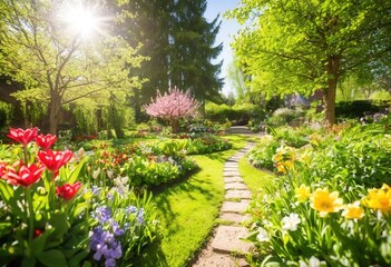 Obraz premium Serene spring garden pathway with vibrant flowers and lush greenery