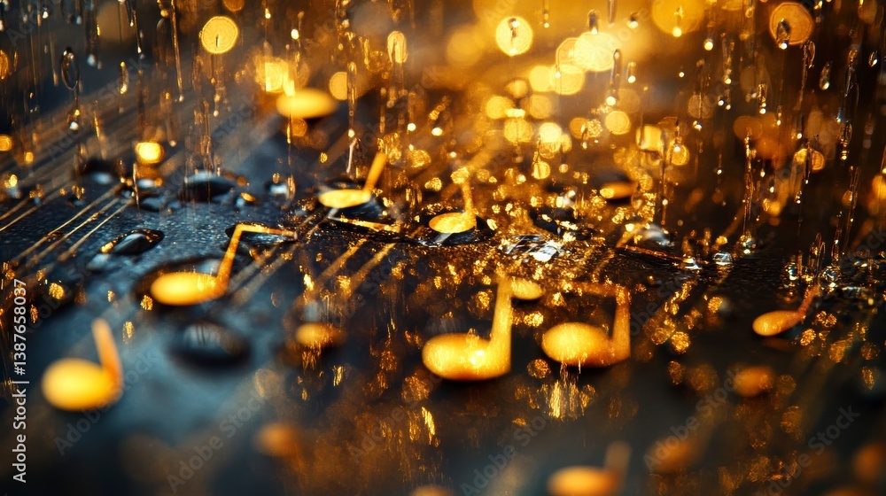 Poster golden musical notes on a dark surface during rainfall with bokeh lights.