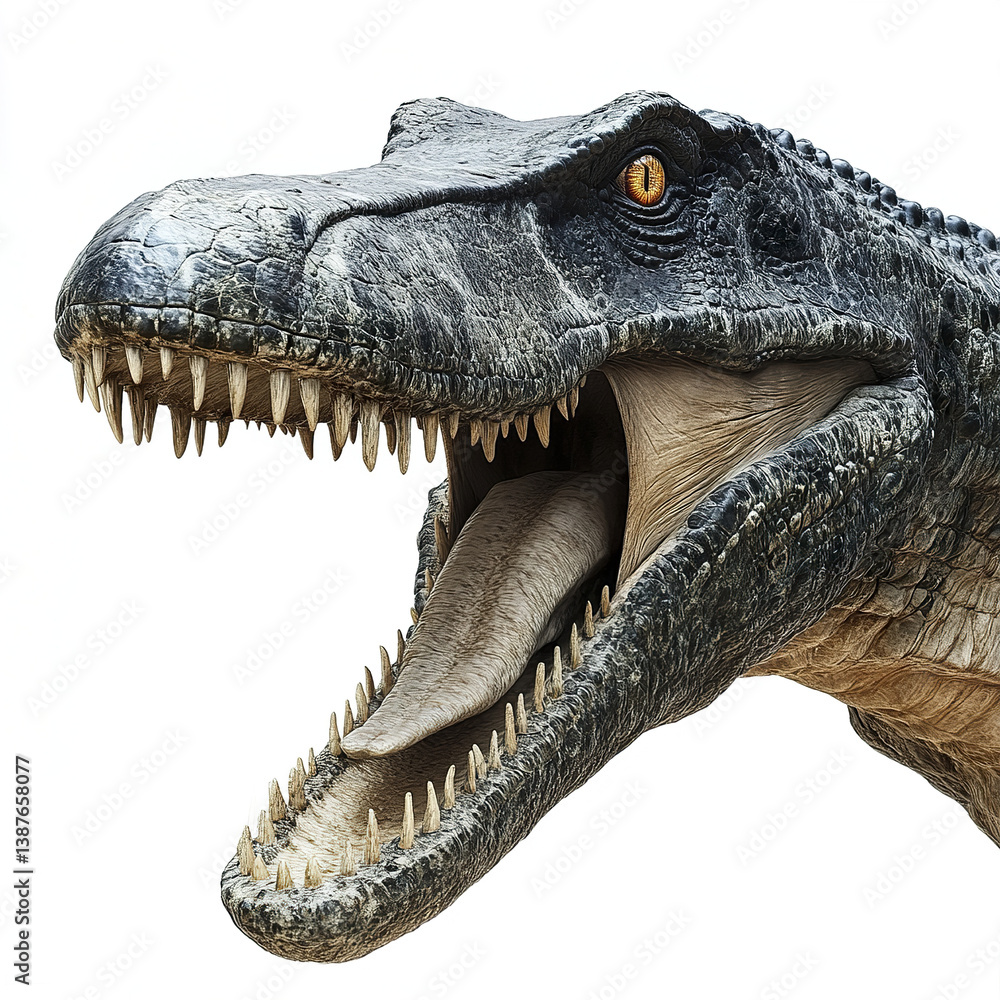 Poster ferocious dinosaur with open mouth and sharp teeth on white background