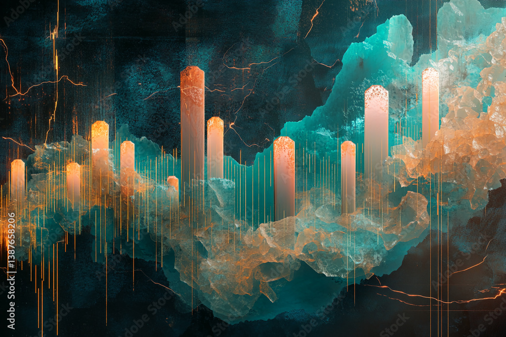 Aufkleber abstract art depicting teal and orange columns rising from a textured, cloudy base, creating a dynam