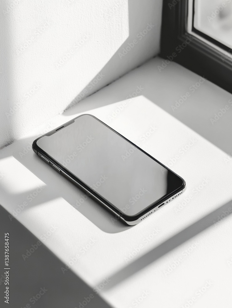 Poster sleek modern smartphone resting on a clean white surface with soft lighting reflecting minimalist te