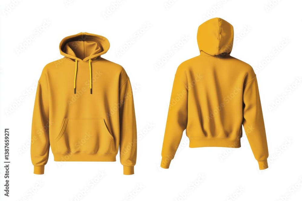 Poster Bright yellow hoodie displayed from multiple angles showcasing its design and features