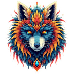 A colorful wolf face with intricate details and design
