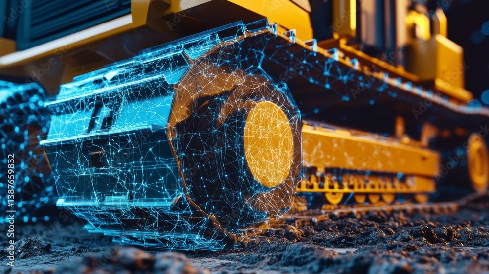 Poster close-up of bulldozer track with digital network overlay.