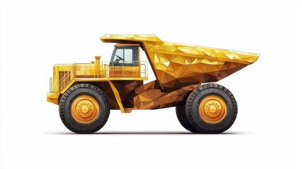 Obraz premium A low poly illustration of a golden yellow industrial dump truck isolated on a white background showcasing detailed polygonal facets and robust construction.