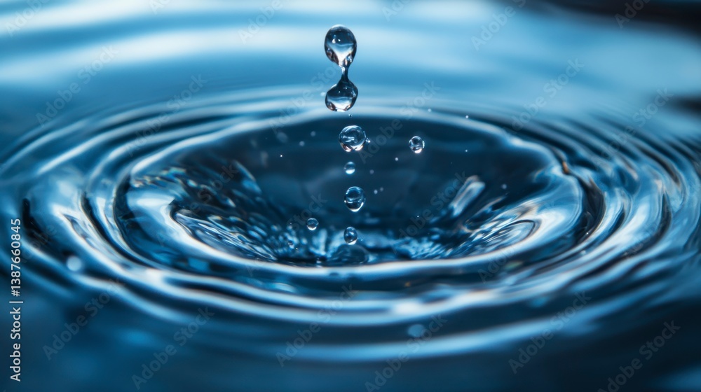 Poster close-up of a water droplet impacting a surface, creating concentric ripples. (1)