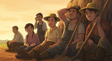 Labor day, labor animation depicting labors working and stressed and sad