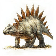 Fototapeta premium Stegosaurus with spiked plates on its back, standing on white background