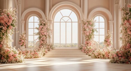 An elegant interior adorned with floral arrangements and architectural details