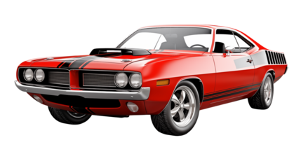 Red vintage car with black stripes on a transparent background