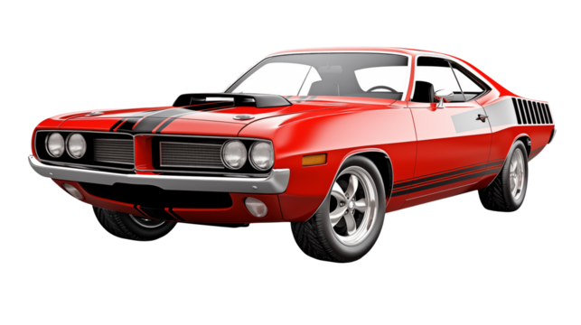 Red vintage car with black stripes on a transparent background