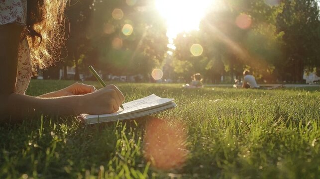 Journaling in a serene and beautifully landscaped garden, a person is prioritizing mindfulness and self-reflection, utilizing sharp and clear visuals to enhance their experience, all under the