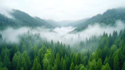 Obraz premium A misty mountain valley features a dense evergreen forest. Clouds partially obscure the trees, creating a serene atmosphere. The image is high-resolution with natural, soft lighting. Its style is pe