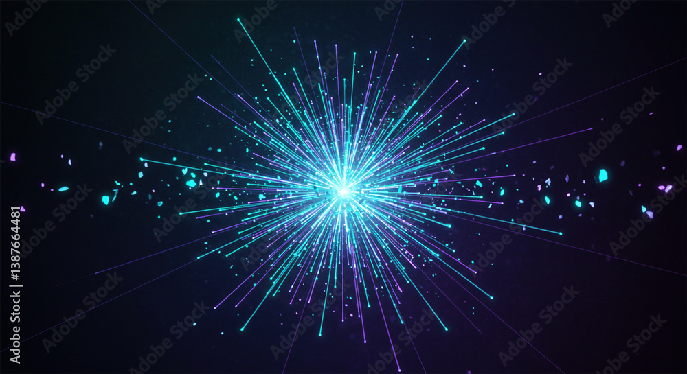 Poster light blue, purple and green lines glowing in the background, bits of data floating in the air.