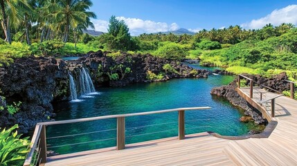 A waterfall cascading over smooth volcanic rock formations into a hidden jungle pool