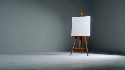 A fine art photo of a modern wooden easel standing on a white reflective floor, holding a pristine white canvas, soft gray background with vignette gradient