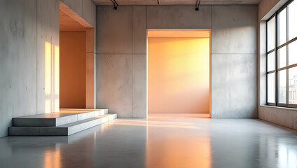 A minimalist, modern interior with concrete walls featuring large geometric cutouts that allow sunlight to shine through, casting warm, orange reflections on the polished floor