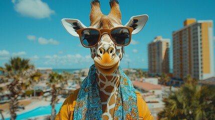 Obraz premium Giraffe in Sunglasses, Beach Resort