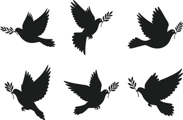 Set of Flying Dove Silhouettes with Olive Branches – Peace Vector Collection