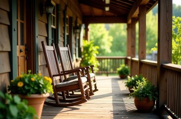 Obraz premium Tranquil wooden porch with rocking chairs and lush green surroundings