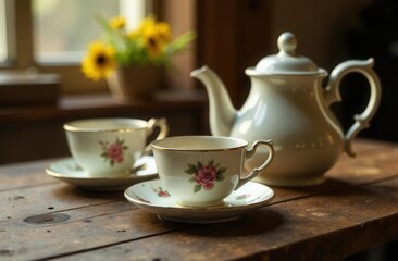 Fototapeta premium Elegant porcelain tea set with floral design on rustic wooden table by sunlit window
