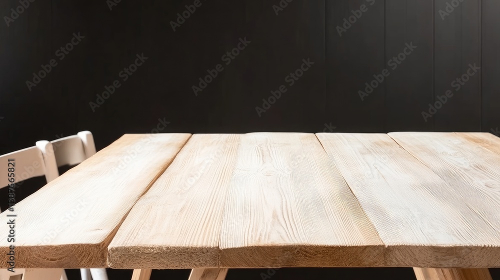 Poster wooden table with chairs minimalist style high-resolution photography wide angle view rustic texture