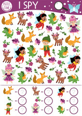 Fototapeta premium Fairyland I spy game for kids. Searching and counting activity with bug fairy, elf, deer, flower, animals, dragon, bird. Fairytale printable worksheet. Simple fantasy spotting puzzle with little girl