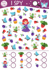 Fairyland I spy game for kids. Searching and counting activity with berry fairy, strawberry, shoe, cupcake. Fairytale printable worksheet. Simple fantasy spotting puzzle with little girl © Lexi Claus