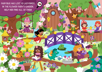 Obraz premium Fairyland vector searching game with enchanted garden landscape. Spot hidden ladybugs. Simple magic fairytale seek and find printable activity for kids with fairy bug looking for ladybirds